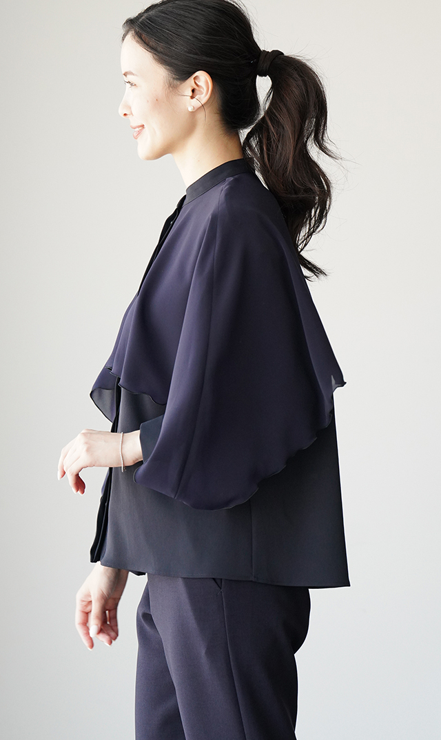 シアー素材レイヤードヴェールブラウス黒紺
