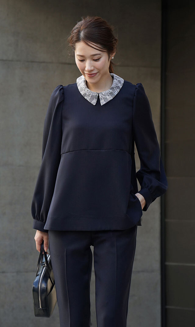 取り外し可能レース襟付きクルーネックブラウス黒