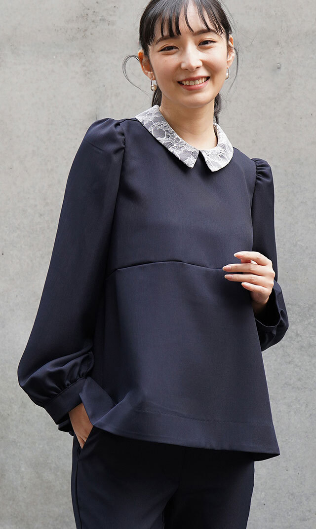 取り外し可能レース襟付きクルーネックブラウス黒