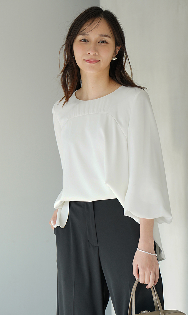 多機能素材シアー×ツイルビスチェブラウス白