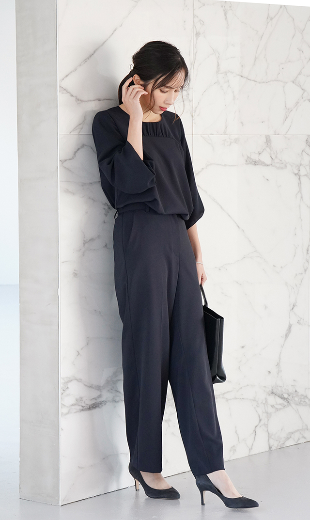 多機能素材シアー×ツイルビスチェブラウス紺