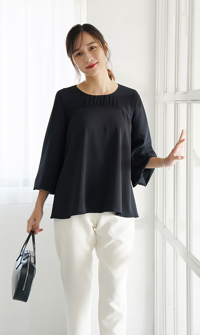 多機能素材シアー×ツイルビスチェブラウス紺