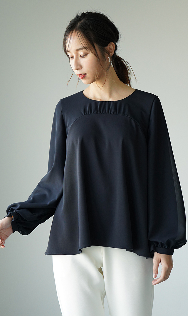 多機能素材シアー×ツイルビスチェブラウス紺