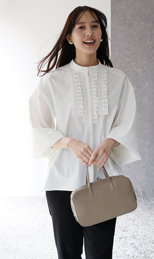 UVカット吸水速乾シャインタックリボンブラウス白