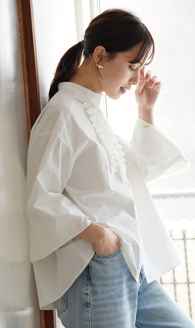 UVカット吸水速乾シャインタックリボンブラウス白