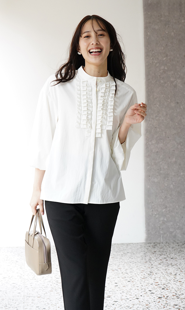 UVカット吸水速乾シャインタックリボンブラウス白