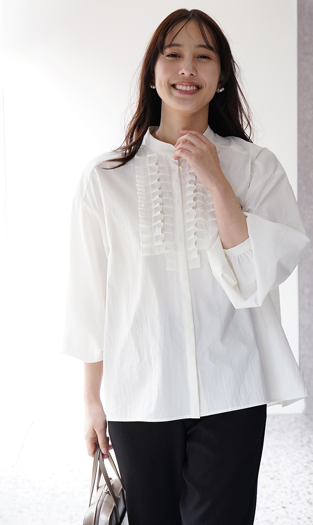 UVカット吸水速乾シャインタックリボンブラウス白