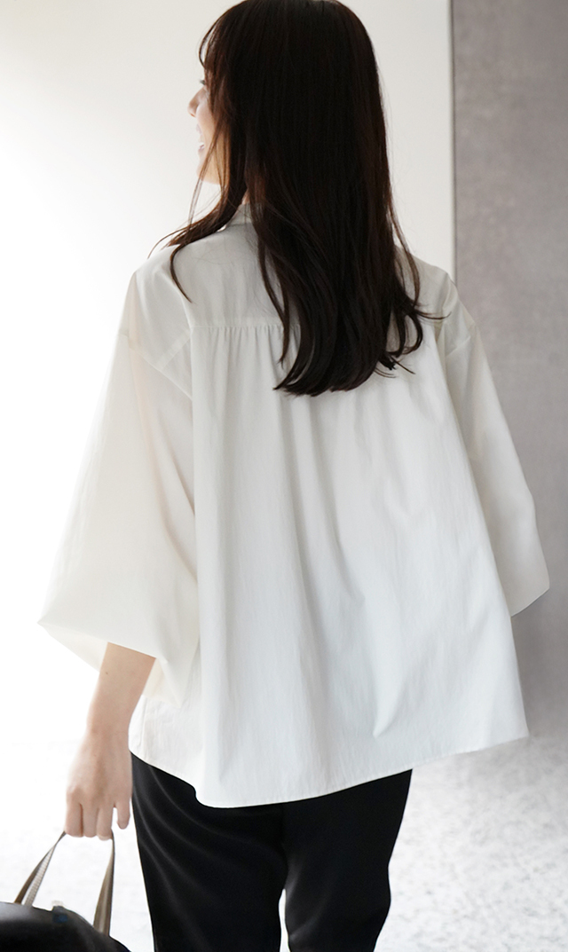 UVカット吸水速乾シャインタックリボンブラウス白