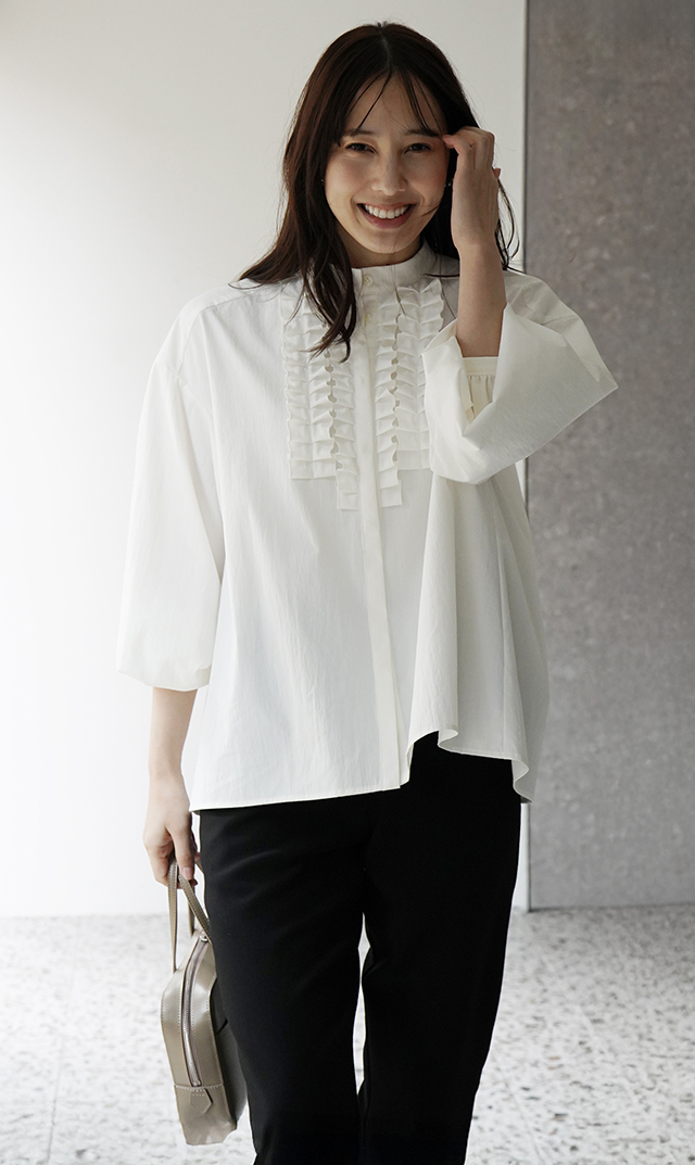 UVカット吸水速乾シャインタックリボンブラウス白