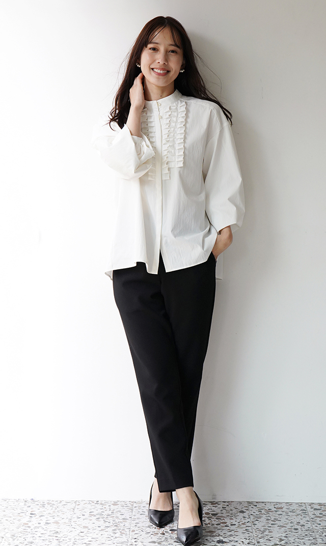 UVカット吸水速乾シャインタックリボンブラウス白