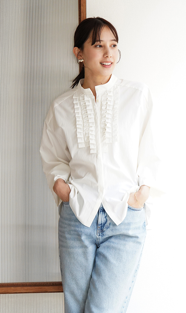 UVカット吸水速乾シャインタックリボンブラウス白