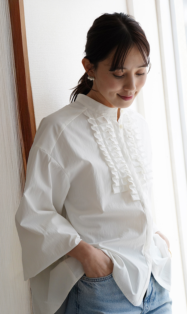 UVカット吸水速乾シャインタックリボンブラウス白