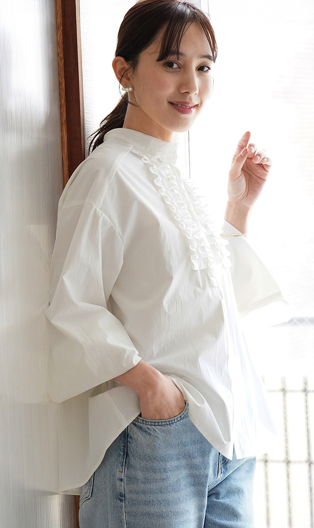 UVカット吸水速乾シャインタックリボンブラウス白