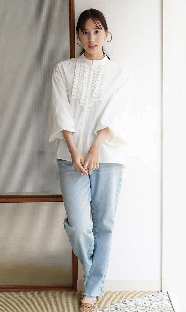 UVカット吸水速乾シャインタックリボンブラウス白