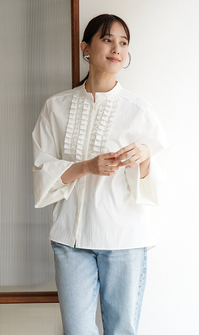 UVカット吸水速乾シャインタックリボンブラウス白