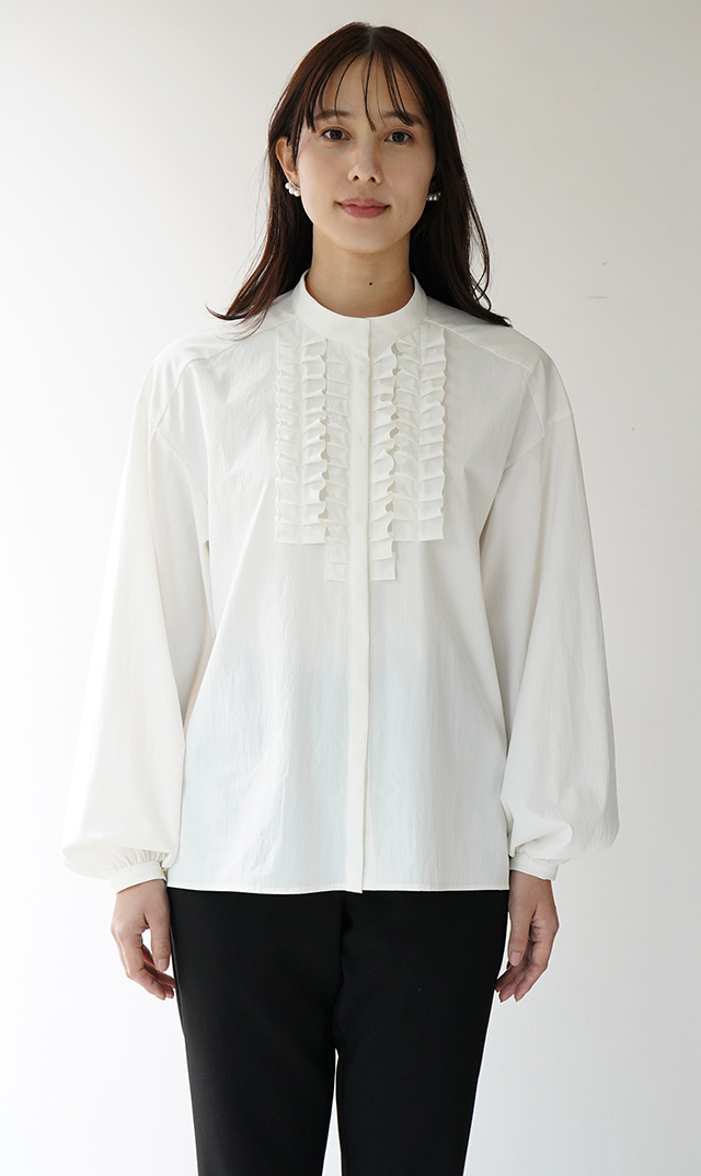 UVカット吸水速乾シャインタックリボンブラウス白