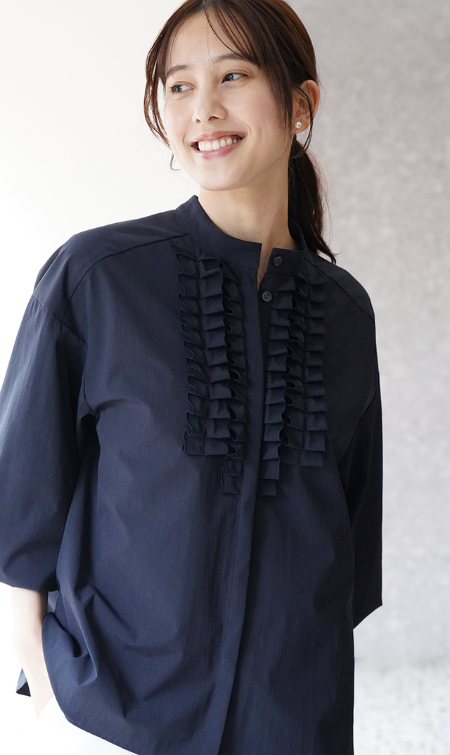 UVカット吸水速乾シャインタックリボンブラウス紺
