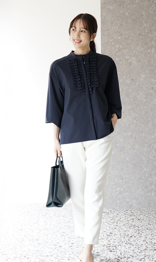 UVカット吸水速乾シャインタックリボンブラウス紺