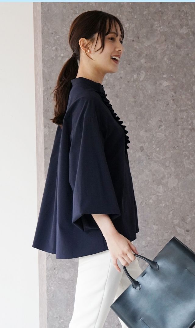 UVカット吸水速乾シャインタックリボンブラウス紺