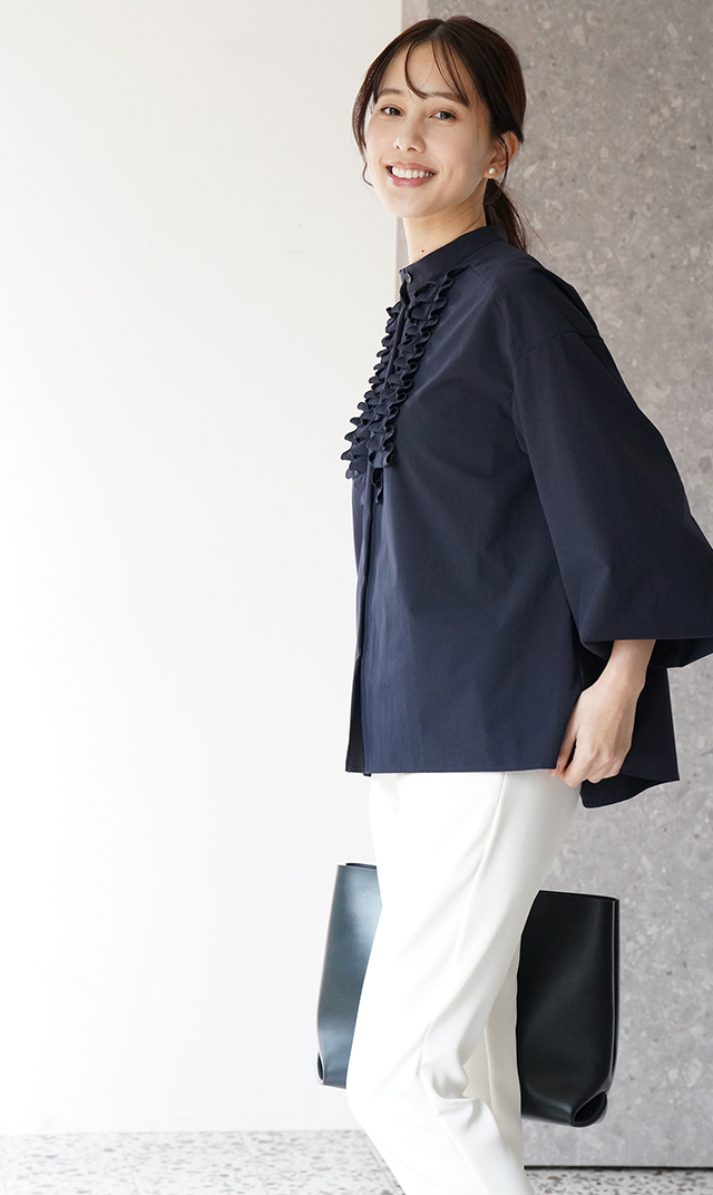 UVカット吸水速乾シャインタックリボンブラウス紺