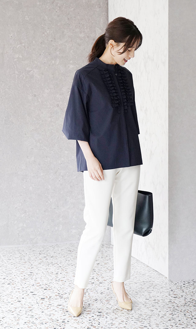 UVカット吸水速乾シャインタックリボンブラウス紺