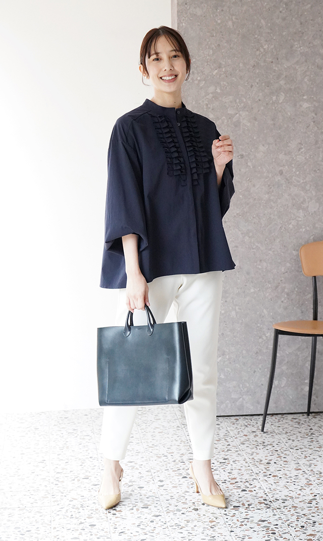 UVカット吸水速乾シャインタックリボンブラウス紺