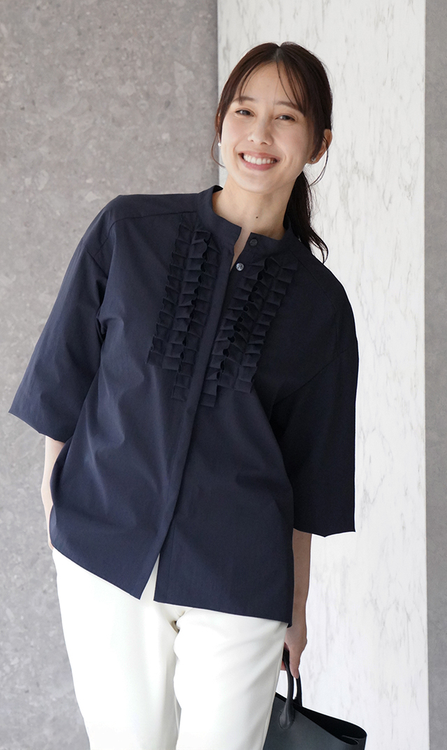 UVカット吸水速乾シャインタックリボンブラウス紺
