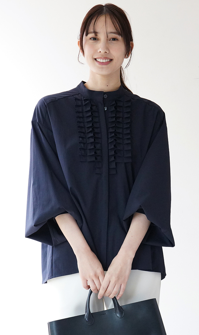 UVカット吸水速乾シャインタックリボンブラウス紺