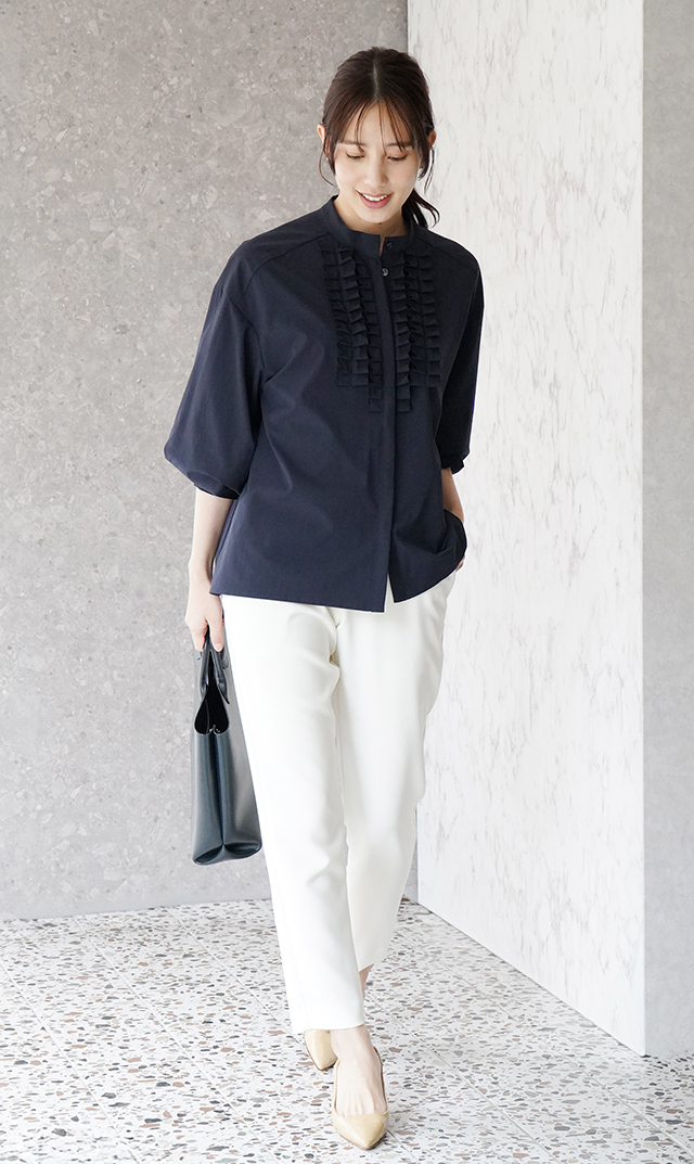 UVカット吸水速乾シャインタックリボンブラウス紺