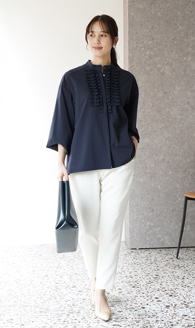 UVカット吸水速乾シャインタックリボンブラウス紺