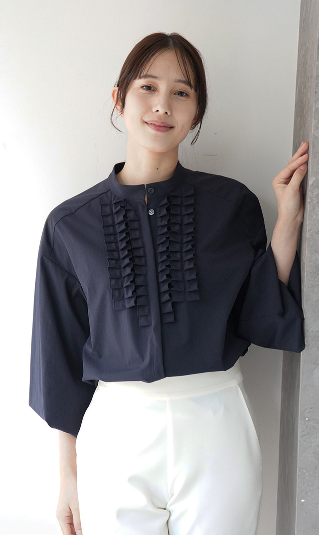 UVカット吸水速乾シャインタックリボンブラウス紺