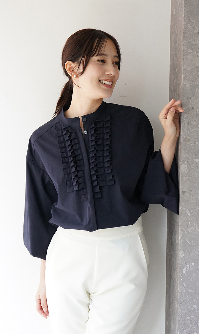 UVカット吸水速乾シャインタックリボンブラウス紺