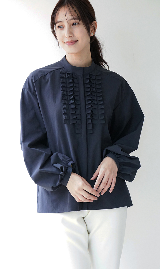 UVカット吸水速乾シャインタックリボンブラウス紺