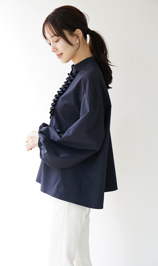 UVカット吸水速乾シャインタックリボンブラウス紺