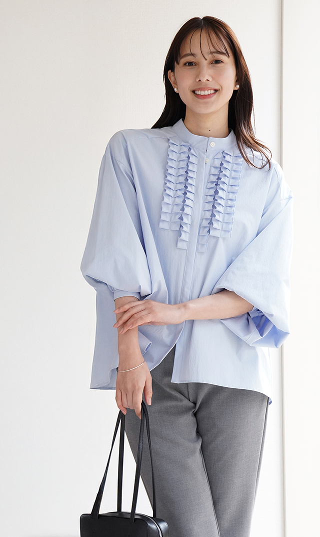 UVカット吸水速乾シャインタックリボンブラウス水色