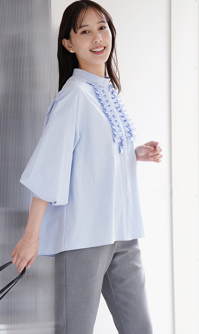 UVカット吸水速乾シャインタックリボンブラウス水色