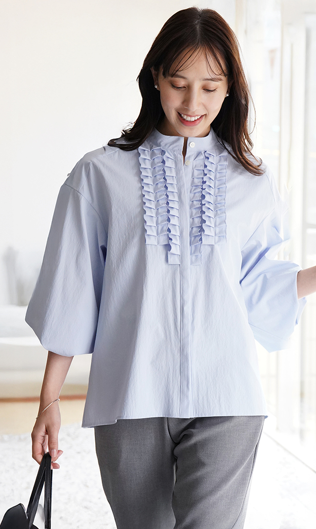 UVカット吸水速乾シャインタックリボンブラウス水色