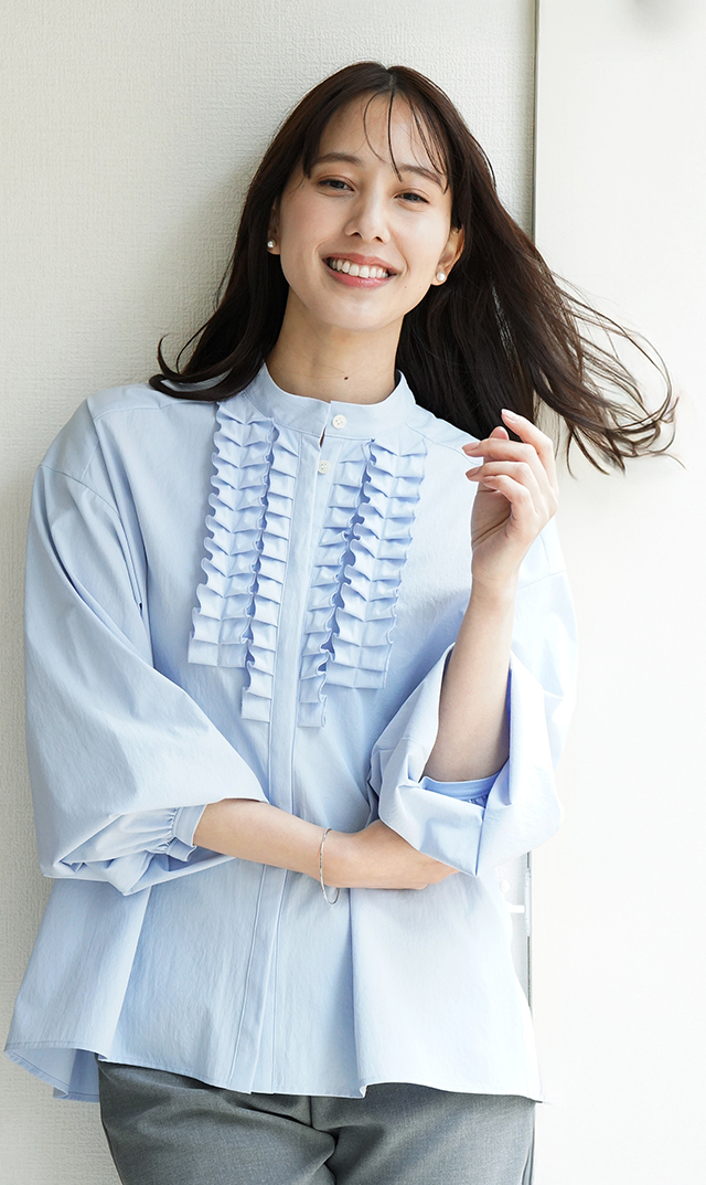 UVカット吸水速乾シャインタックリボンブラウス水色