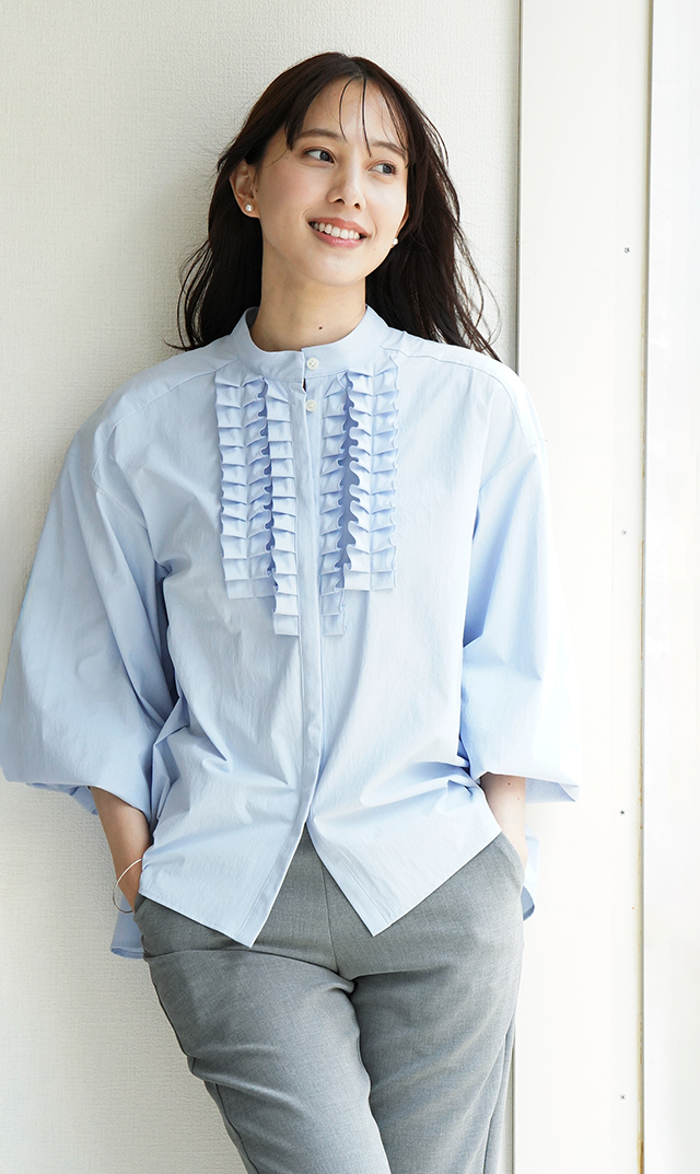UVカット吸水速乾シャインタックリボンブラウス水色