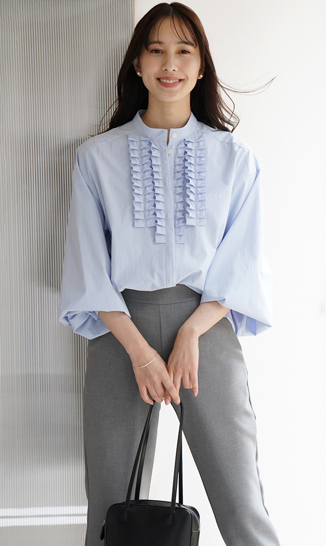 UVカット吸水速乾シャインタックリボンブラウス水色