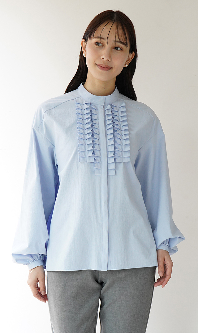 UVカット吸水速乾シャインタックリボンブラウス水色
