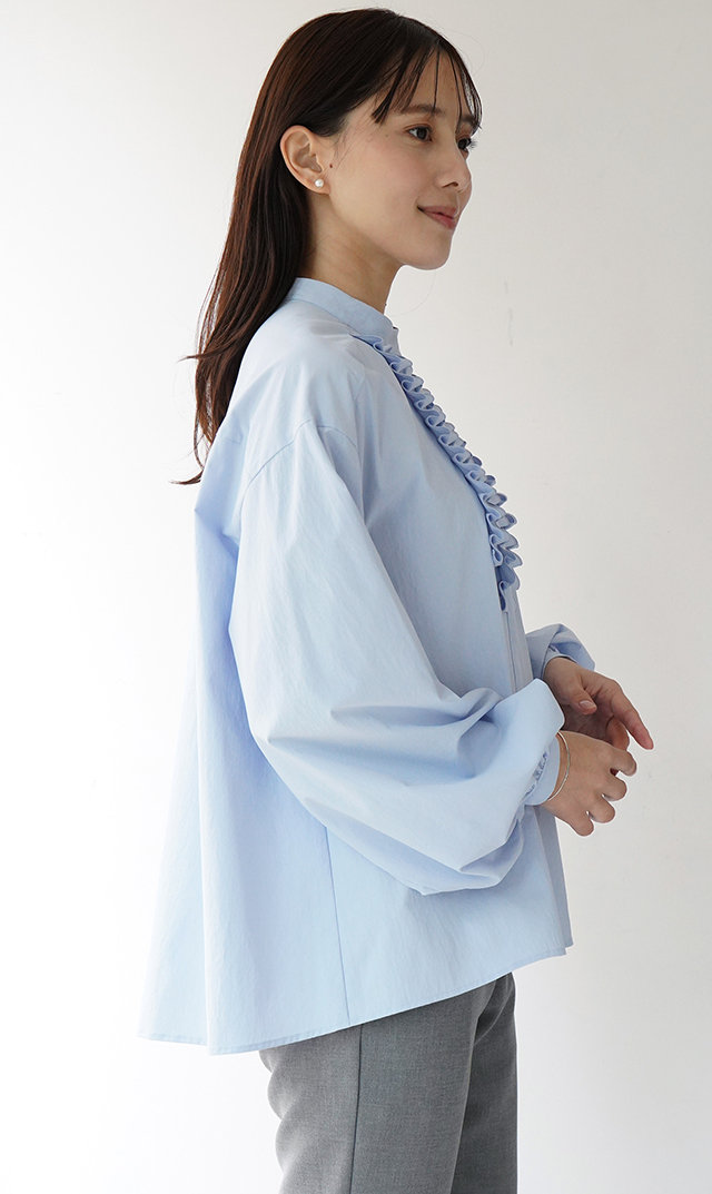UVカット吸水速乾シャインタックリボンブラウス水色