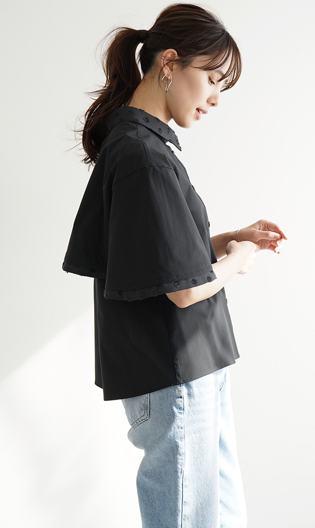 撥水素材５分袖襟付きブラウス黒