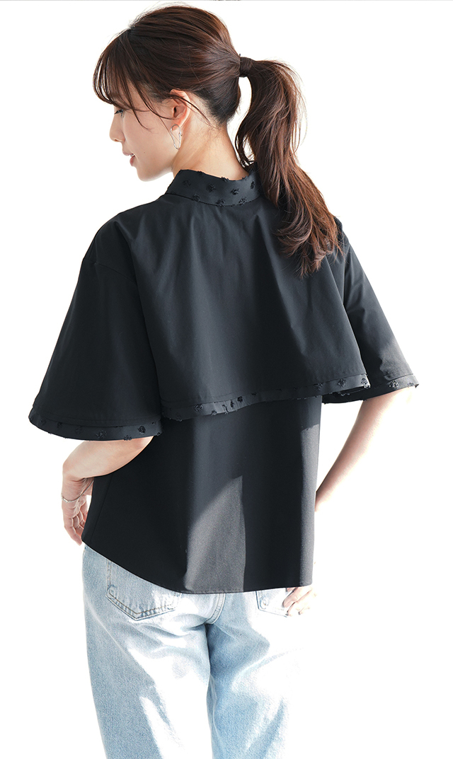 撥水素材５分袖襟付きブラウス黒