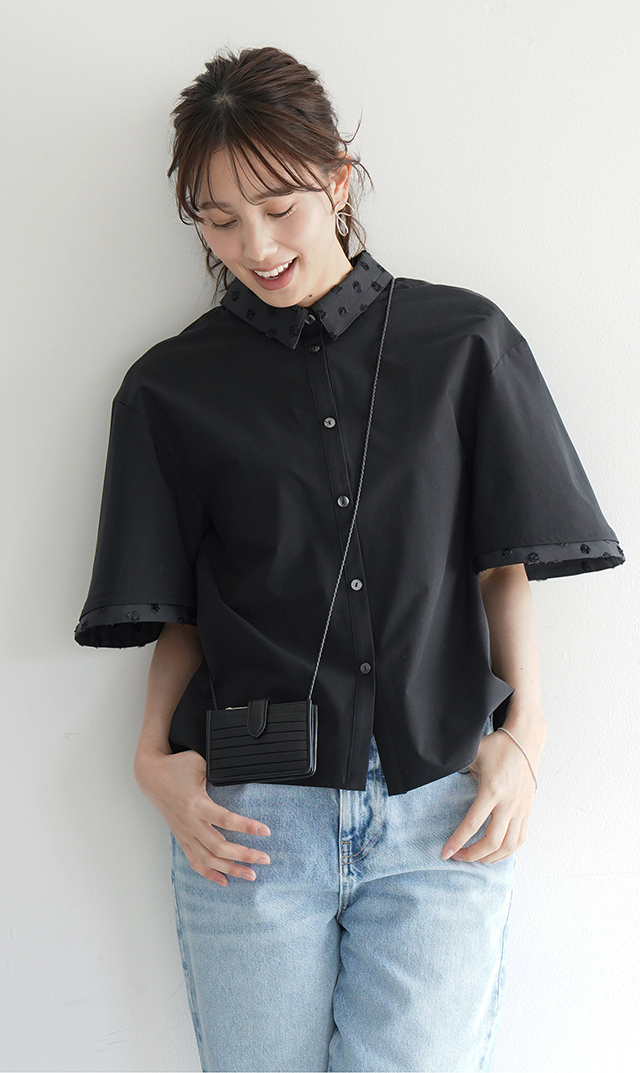 撥水素材５分袖襟付きブラウス黒