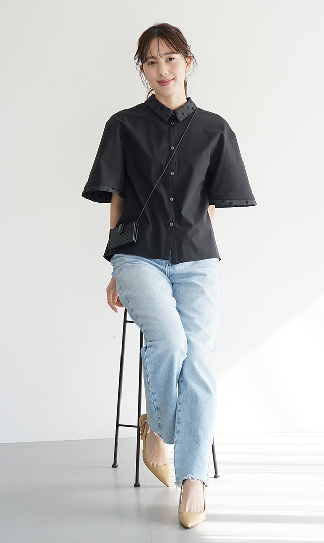 撥水素材５分袖襟付きブラウス黒