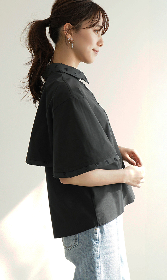 撥水素材５分袖襟付きブラウス黒
