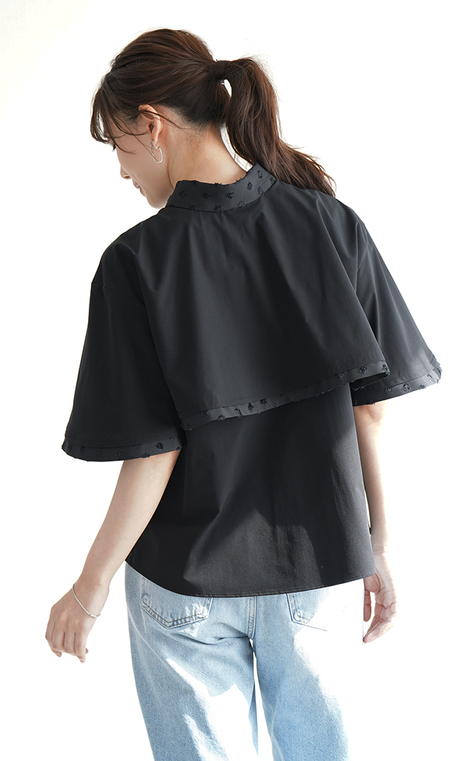 撥水素材５分袖襟付きブラウス黒