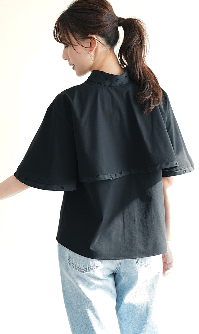 撥水素材５分袖襟付きブラウス黒