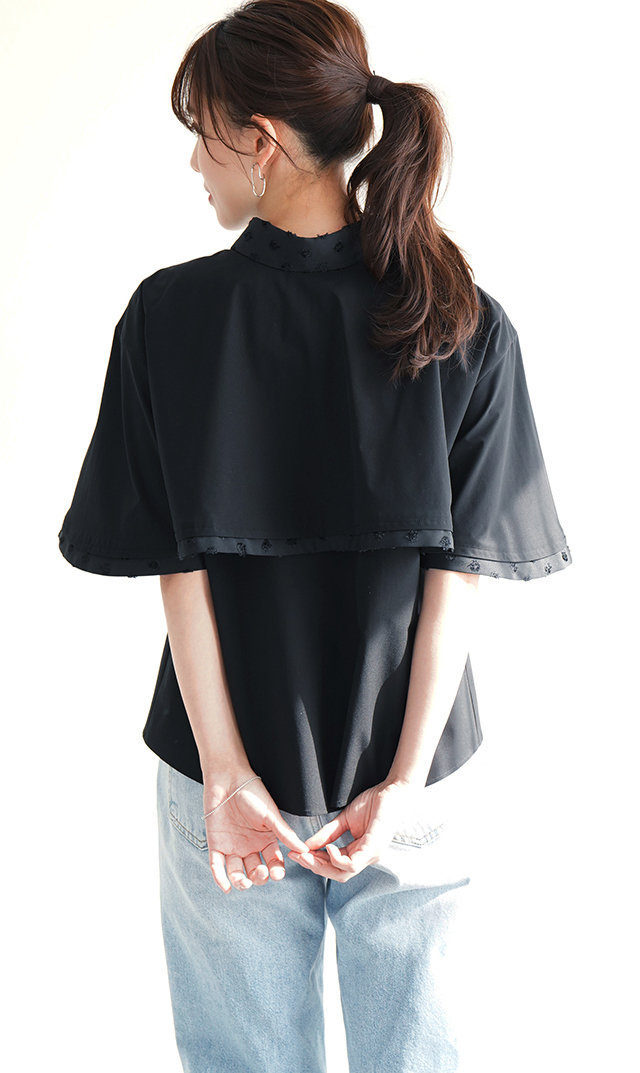 撥水素材５分袖襟付きブラウス黒